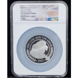 •    This landmark coin marks the first collaboration between the Royal Mint and a former US Mint Chief Engraver 
•    Master designer John Mercanti is acclaimed for his American Silver Eagle design 
•    This 2023 5oz Silver Great Britain Lion & Eagle co