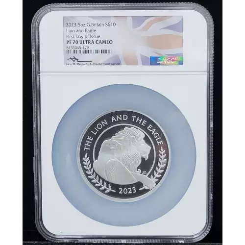 •    This landmark coin marks the first collaboration between the Royal Mint and a former US Mint Chief Engraver 
•    Master designer John Mercanti is acclaimed for his American Silver Eagle design 
•    This 2023 5oz Silver Great Britain Lion & Eagle co